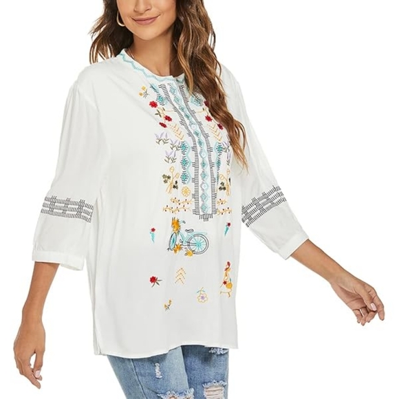 None Tops - Boho Peasant Embroidered Tunic Top In XL